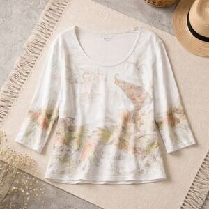 Chico's 3‎ White Tan Floral Leaves Beaded 3/4 Sleeve Scoop Neck Top T-Shirt XL